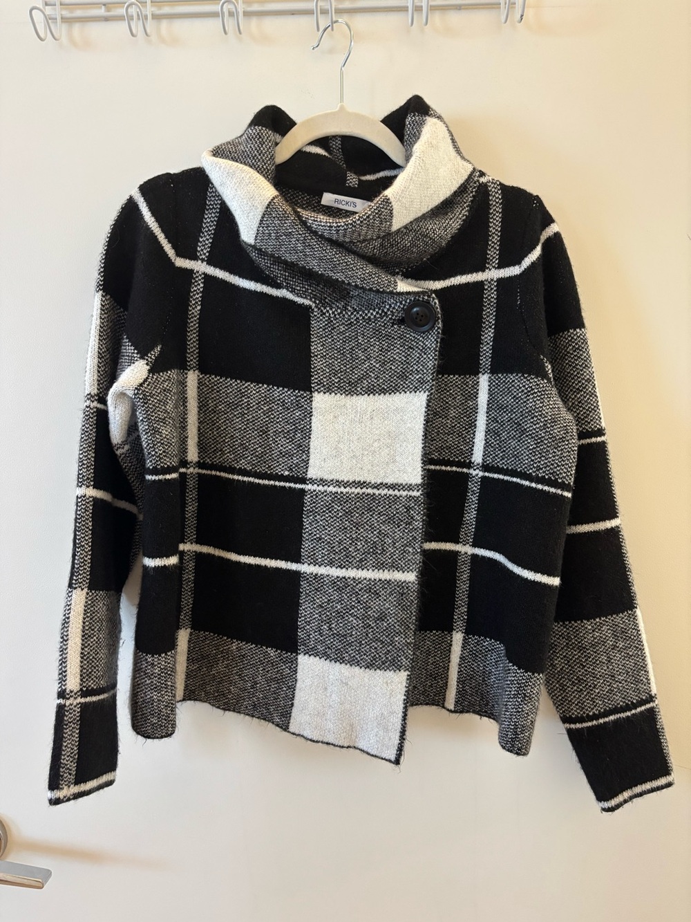 Ricki’s Black White Plaid Asymmetrical Cowl Neck Sweater Jacket Size L